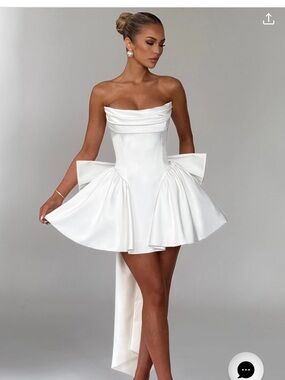 Strapless White Sculpted Mini Dress with Dramatic Skirt and Train